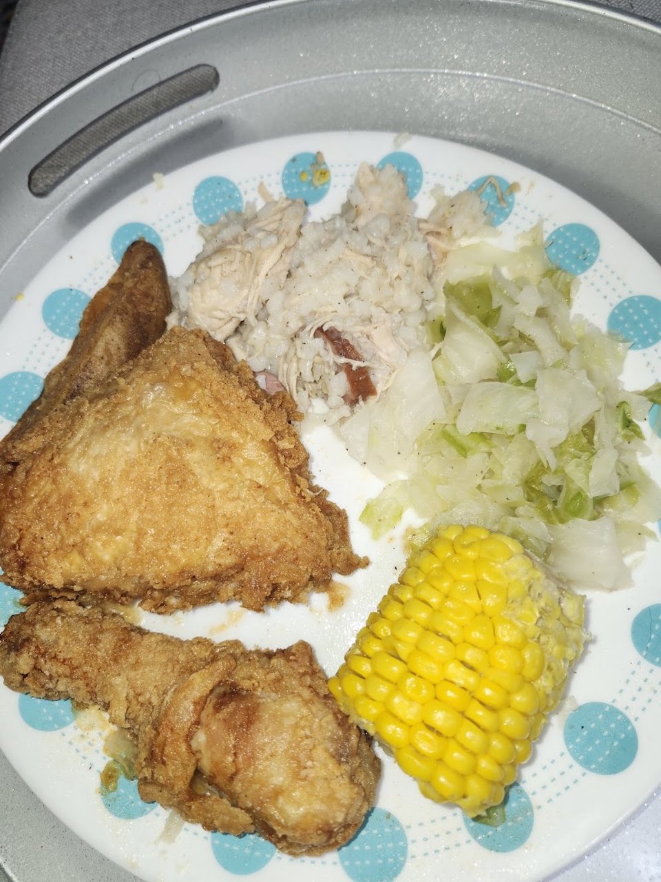 Fried Chicken with Rice Corn Cabbage Etc